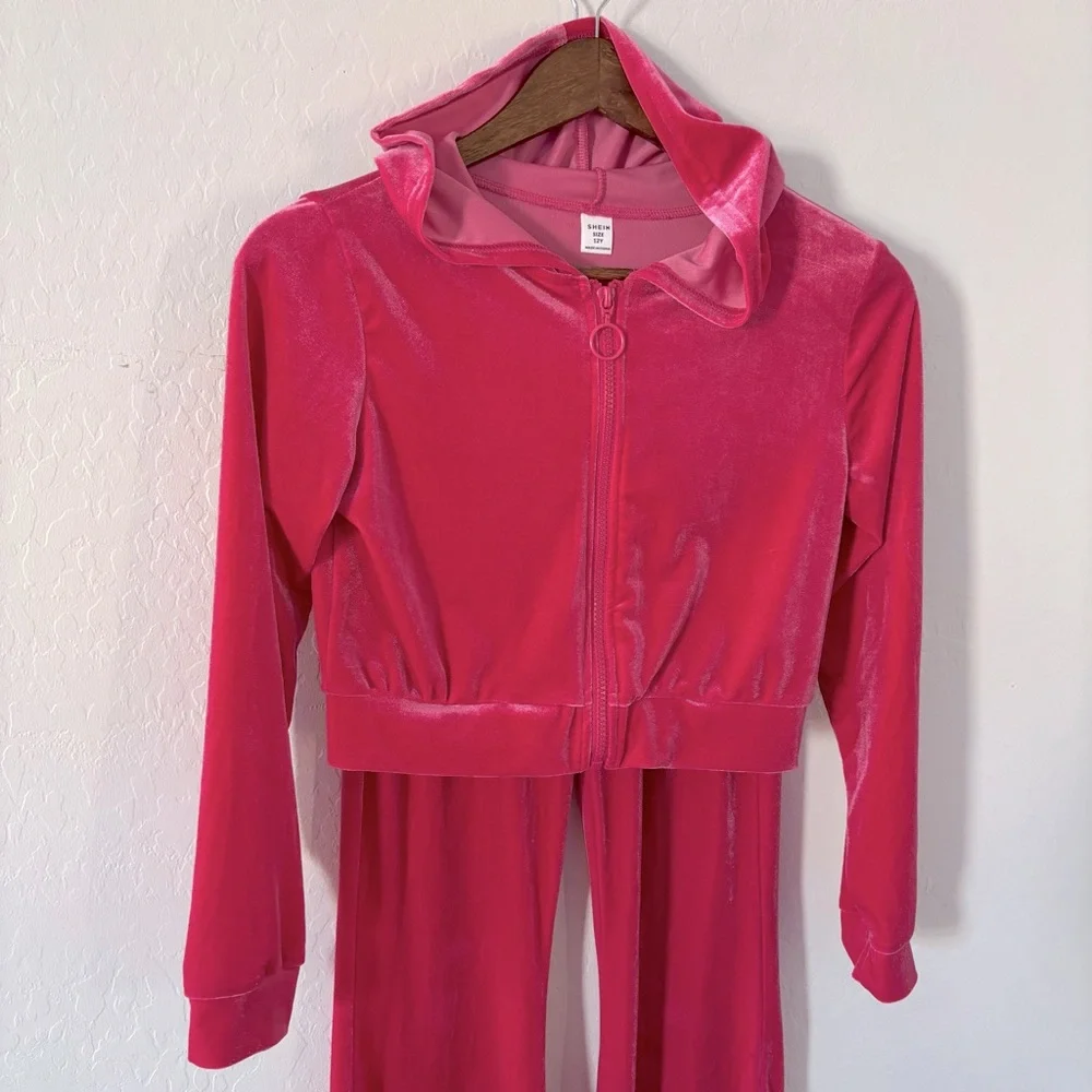 SHEIN Fuchsia Girls Velour‎ Zip-Up Hoodie Tracksuit Set Size 12